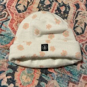 Volcom Kids' White Beanie with Pink Floral Design